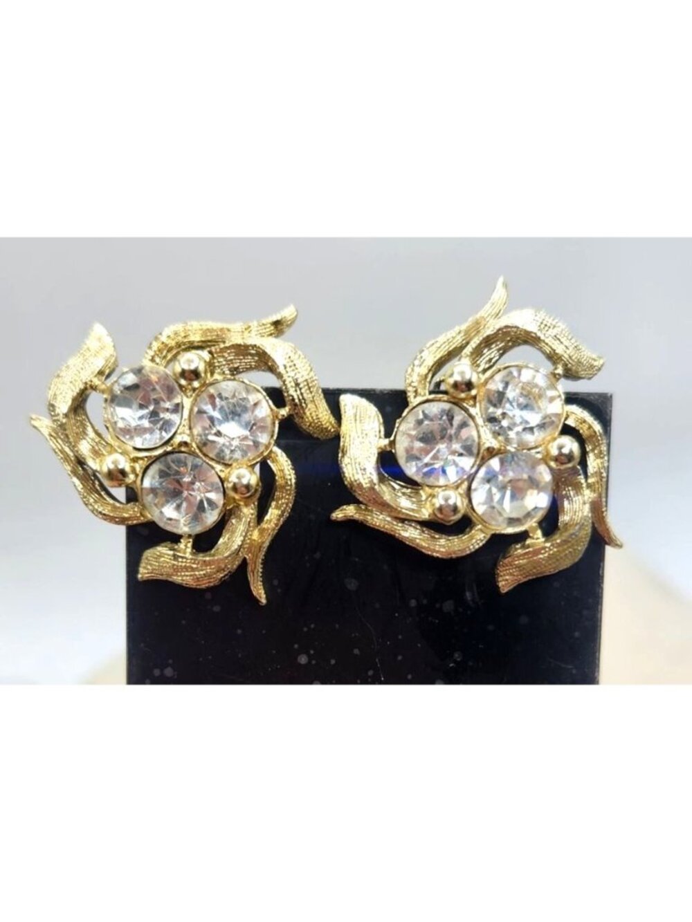 Vintage Gold-Tone Crystal Clip-On Earrings With Floral Design
